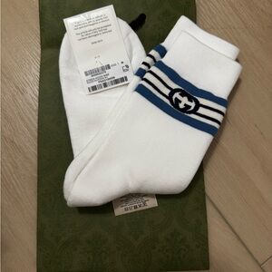 Gucci White Socks with Blue and Black logo GG Stripes unisex new